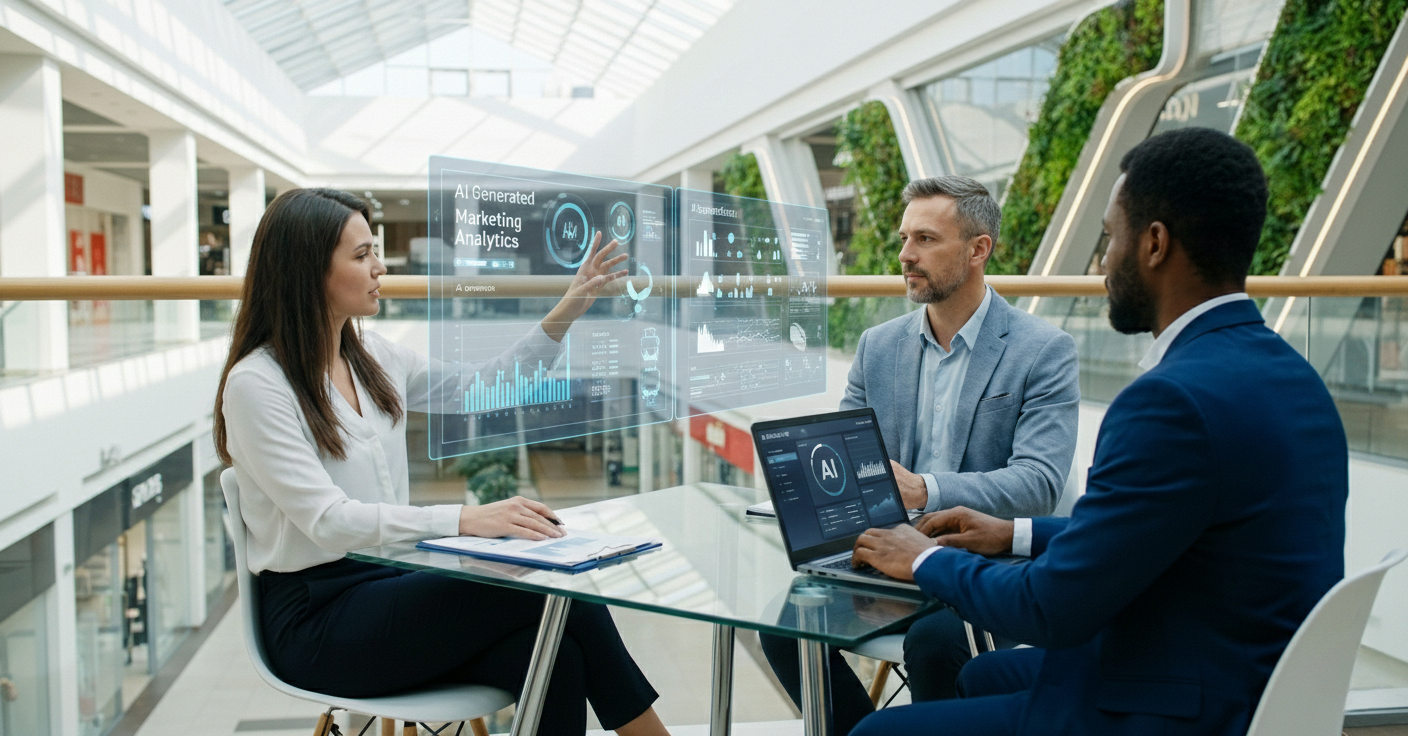 Marketing team meeting in shopping mall discussing AI generated analytics on holographic display