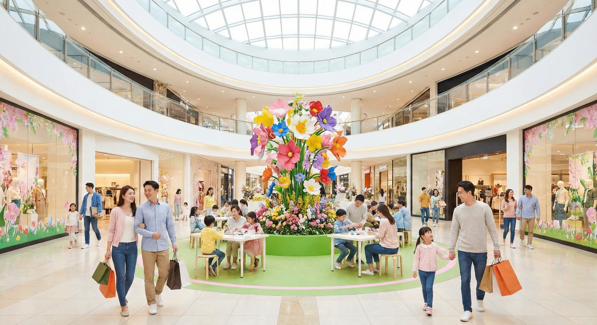 Spring event in a shopping mall with families enjoying interactive activities and seasonal decorations