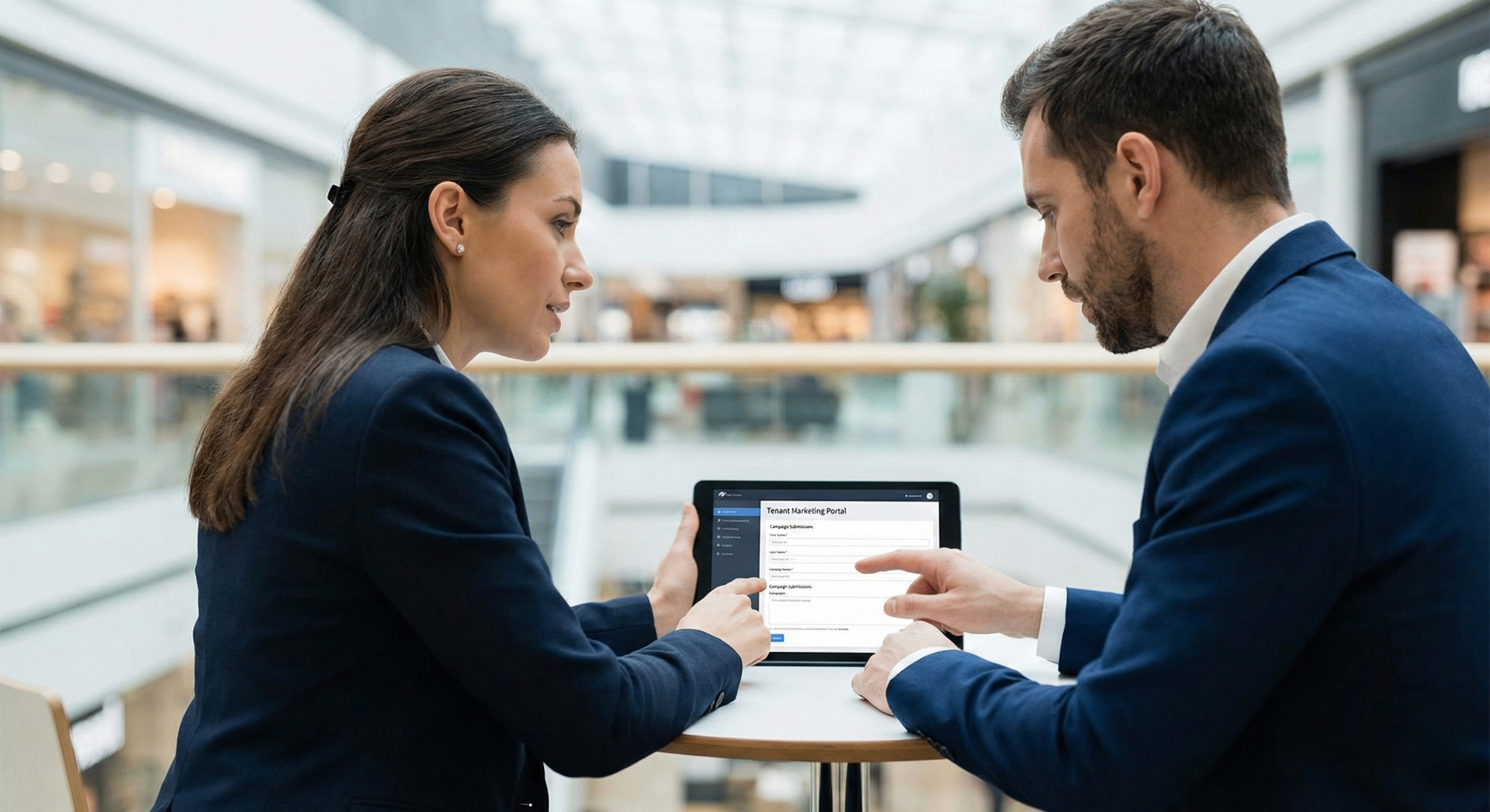 Mall management team using a Tenant Marketing Portal on a tablet for campaign coordination