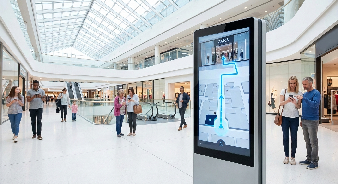 Digital wayfinding screen in a shopping mall showing turn-by-turn navigation directions