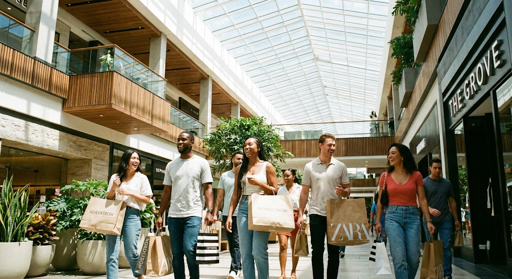 Shoppers walking through a modern shopping mall with bags from various stores
