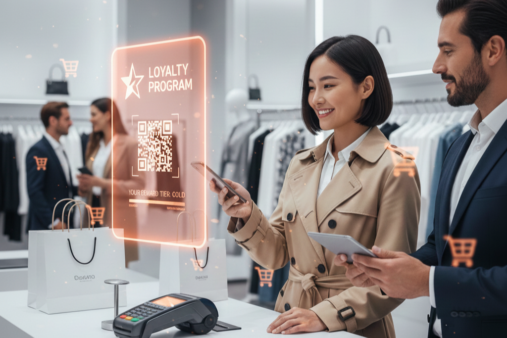 Customer scanning QR code for loyalty program at a retail checkout