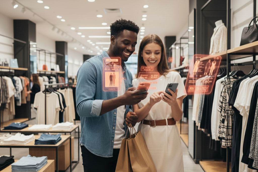 Shoppers using mobile apps with digital AR displays in a modern retail store