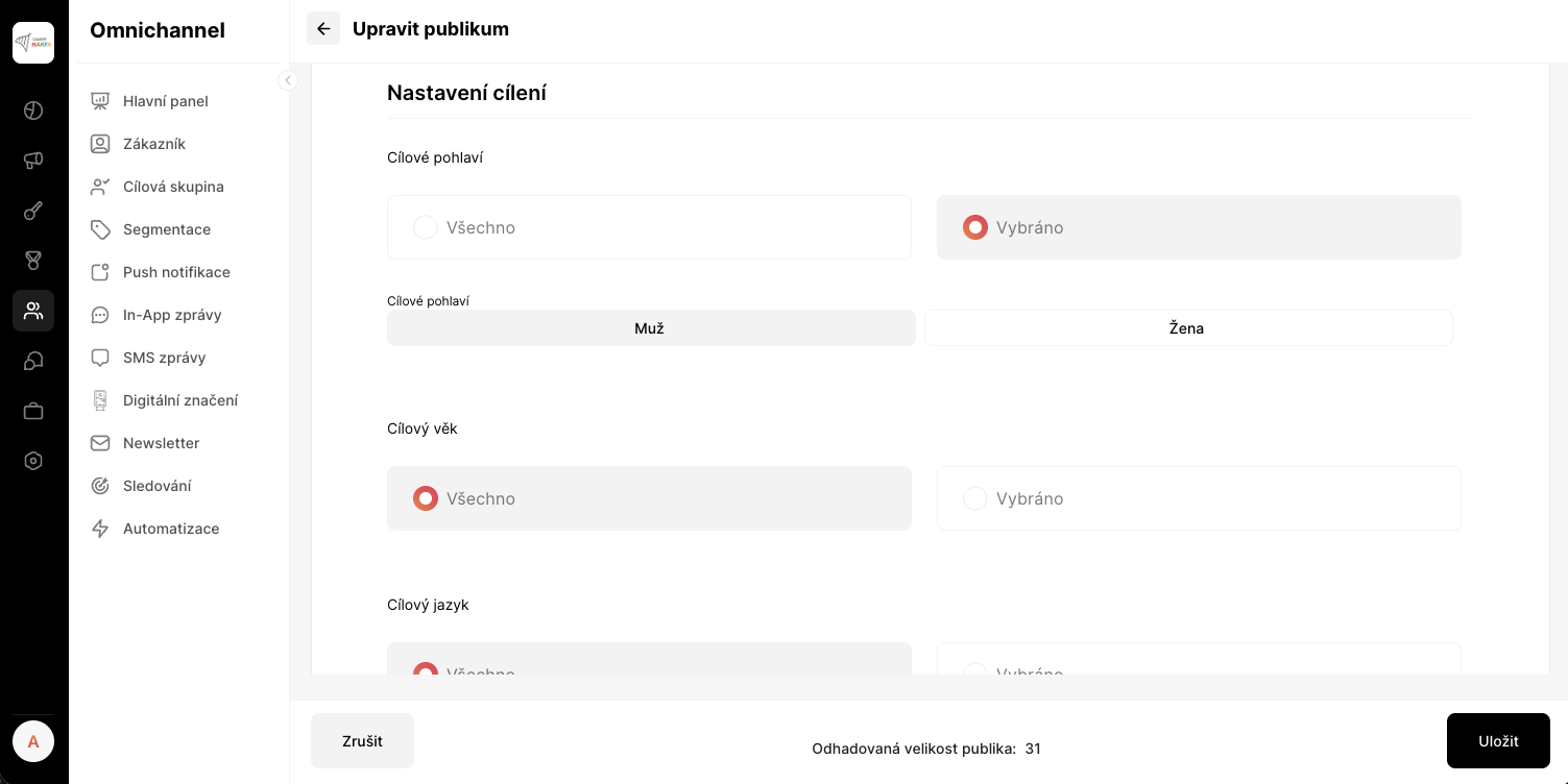 Targeting interface showing audience filters for push notifications with demographic options